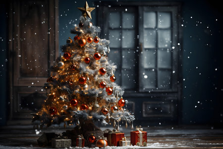 Decorated Christmas tree with gifts on the background of a wooden doorの素材