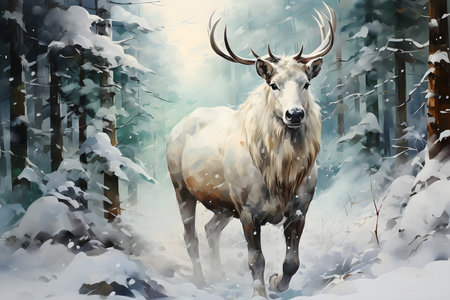 Digital painting of a wild deer in a snowy forest. Digital painting.の素材