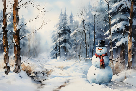 Snowman in winter forest. Christmas and New Year holiday background.の素材