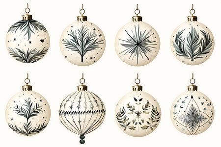 Set of Christmas baubles with fir branches. Vector illustration.の素材