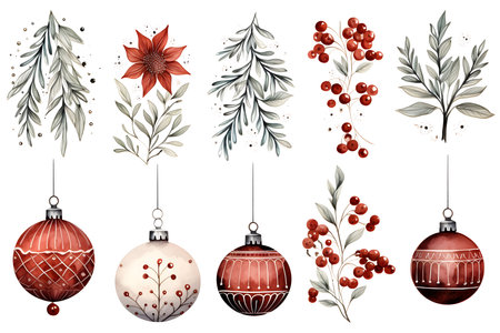 Set of watercolor christmas ornaments. Hand drawn vector illustration.の素材