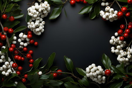 Christmas background with white and red berries and green leaves on black backgroundの素材