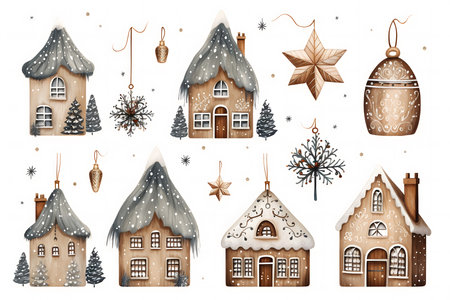 Christmas gingerbread houses with snowflakes and decorations. Vector illustration.の素材