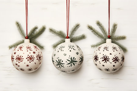 Christmas balls with fir tree branches on white wooden background, top viewの素材