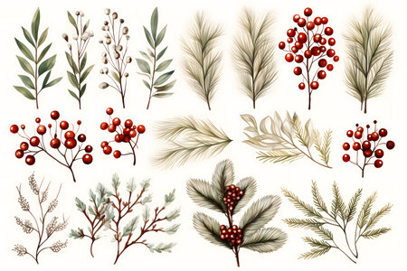 Christmas and New Year set of branches, leaves, berries. Vector illustration.の素材