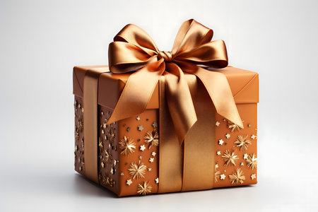 Gift box with golden bow on white background. 3d renderingの素材