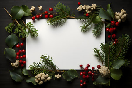 Christmas frame with holly berry and fir branches on black wooden backgroundの素材