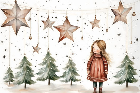 Christmas greeting card. Cute little girl in winter coat with stars on white background.の素材