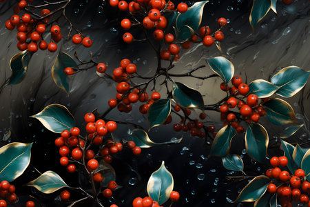 Creative christmas background with holly berries and water drops.の素材