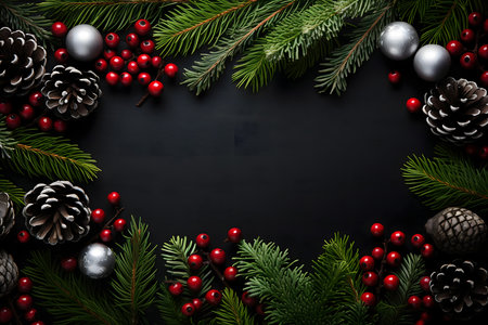 Christmas background with fir tree branches, red berries and silver balls on black backgroundの素材
