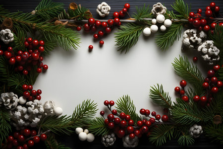 Christmas frame with fir branches, berries and cotton balls on wooden backgroundの素材