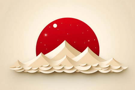 Mountains and red sun in paper art style. Vector illustration.の素材