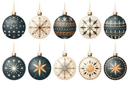 Set of christmas balls with different ornaments. Vector illustration.の素材