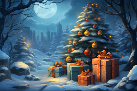 Winter landscape with christmas tree, gift boxes and fir-treeの素材
