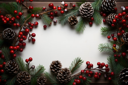 Christmas background with fir tree branches, cones and berries on wooden boardの素材