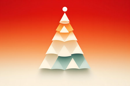 Christmas tree made of paper on orange background. 3d illustration.の素材