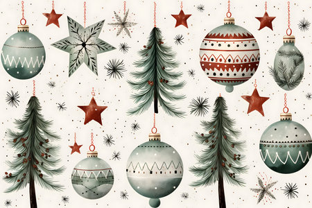 Watercolor Christmas background with Christmas tree, snowflakes, stars and balls.の素材