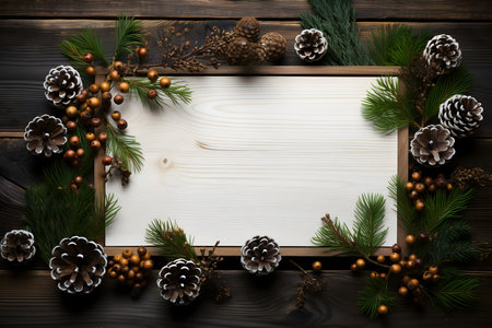 Christmas frame with fir branches, pine cones and berries on a wooden backgroundの素材