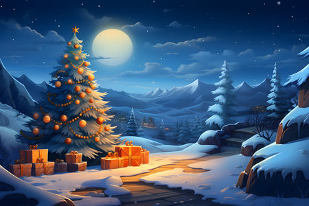 Winter landscape with christmas tree and gift boxes - illustration for childrenの素材