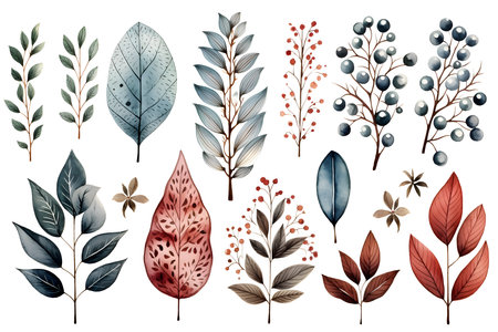 Set of watercolor leaves and twigs. Hand drawn vector illustration.の素材
