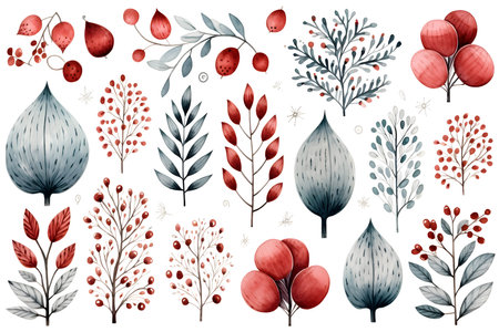 Set of hand drawn watercolor botanical elements. Vector illustration.の素材