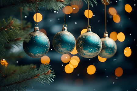 Christmas and New Year holidays background. Christmas tree decorations on blurred background.の素材