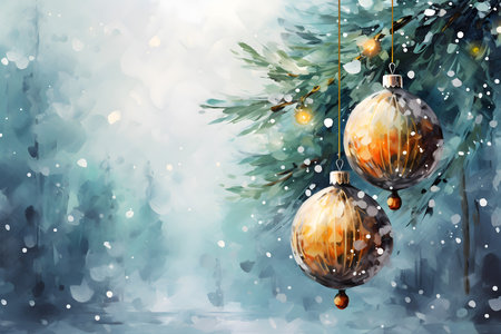 Christmas background with Christmas tree and balls. Hand drawn watercolor illustration.の素材