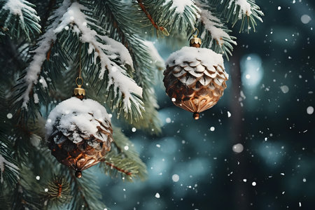 Christmas background with fir tree branches covered with snow and golden Christmas ballsの素材