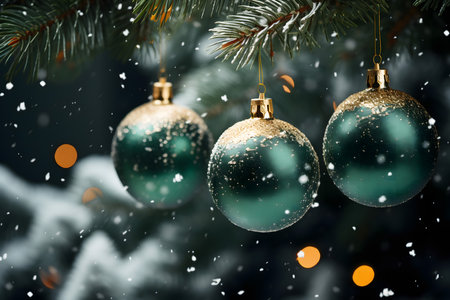Christmas background with green baubles on a snowy fir tree branchの素材