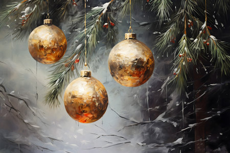Christmas and New Year background with Christmas balls and fir tree branches.の素材
