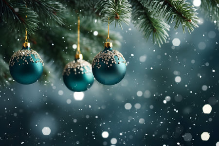Christmas background with fir tree branches, balls and snowflakes.の素材