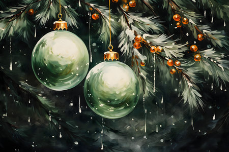 Christmas tree branches with Christmas balls and snowflakes on dark backgroundの素材