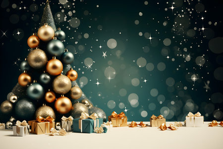 Merry Christmas and Happy New Year background with Christmas tree, gifts and decorationsの素材