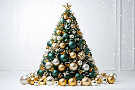 Christmas tree with gold, silver and blue baubles on white backgroundの素材