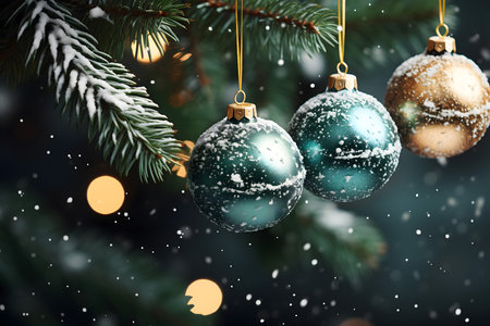 Christmas background with christmas balls and snowflakes on fir branchesの素材