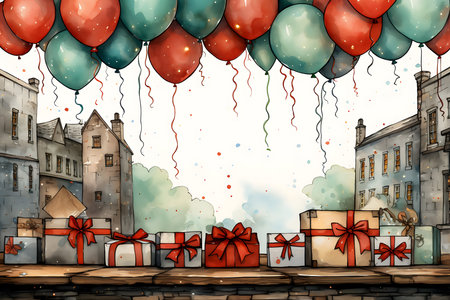 Birthday card with balloons and gift boxes in the city. Illustrationの素材