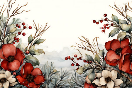 Watercolor floral background with poppies, branches and berries.の素材