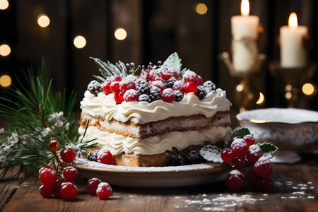 Christmas cake with berries on a wooden background. Selective focus.の素材