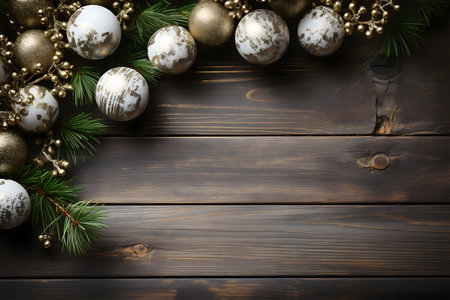Christmas decoration on brown wooden background. Top view with copy space.の素材