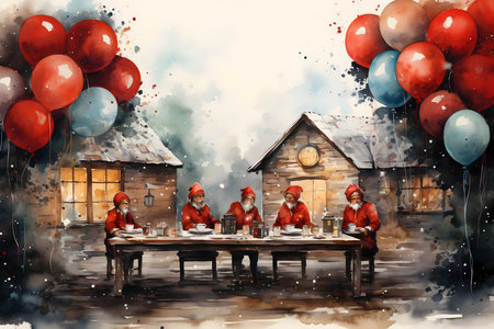 Santa claus sitting at the table in front of the house with balloonsの素材
