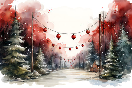 Winter landscape with red lanterns and trees, watercolor illustration.の素材
