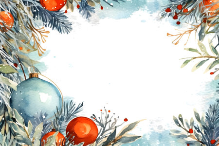 Watercolor Christmas background with fir branches, berries and christmas ballsの素材