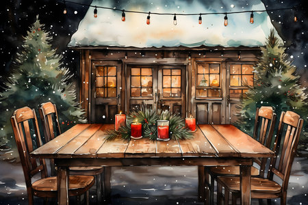 Christmas and New Year greeting card. Wooden table and chairs in front of the house.の素材