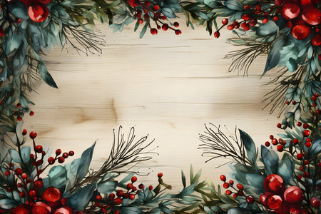 Christmas wreath on wooden background with copy space. Top view.の素材