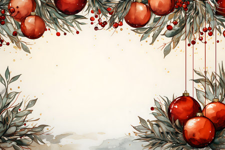 Watercolor Christmas background with fir branches, red balls and berries.の素材