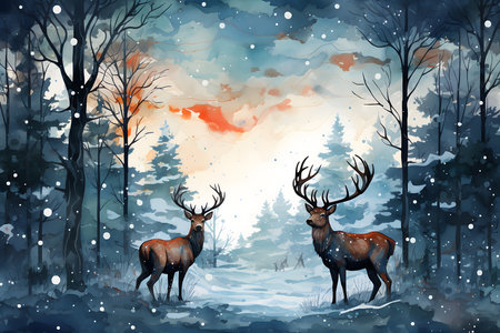 Beautiful winter forest landscape with deer. Watercolor illustration for your designの素材