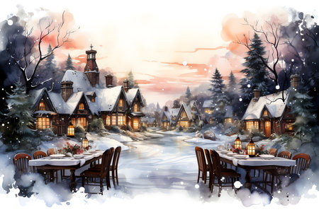 Winter village. Watercolor painting on paper. Christmas and New Year.の素材