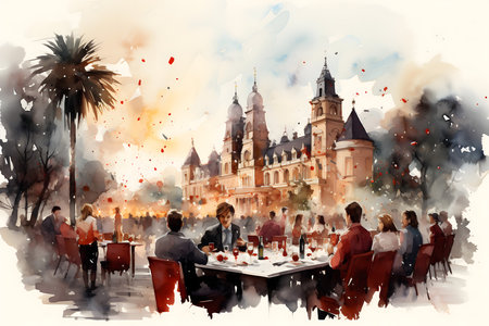 Digital watercolor painting of a restaurant in the old town of Prague, Czech Republicの素材