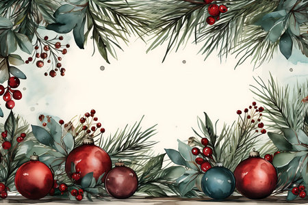 Watercolor christmas background with fir branches, berries and holly berriesの素材