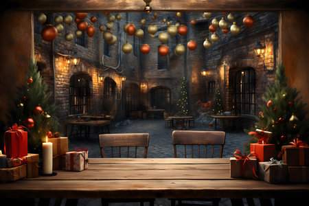 Wooden table with Christmas decorations in the old town. 3d rendering.の素材